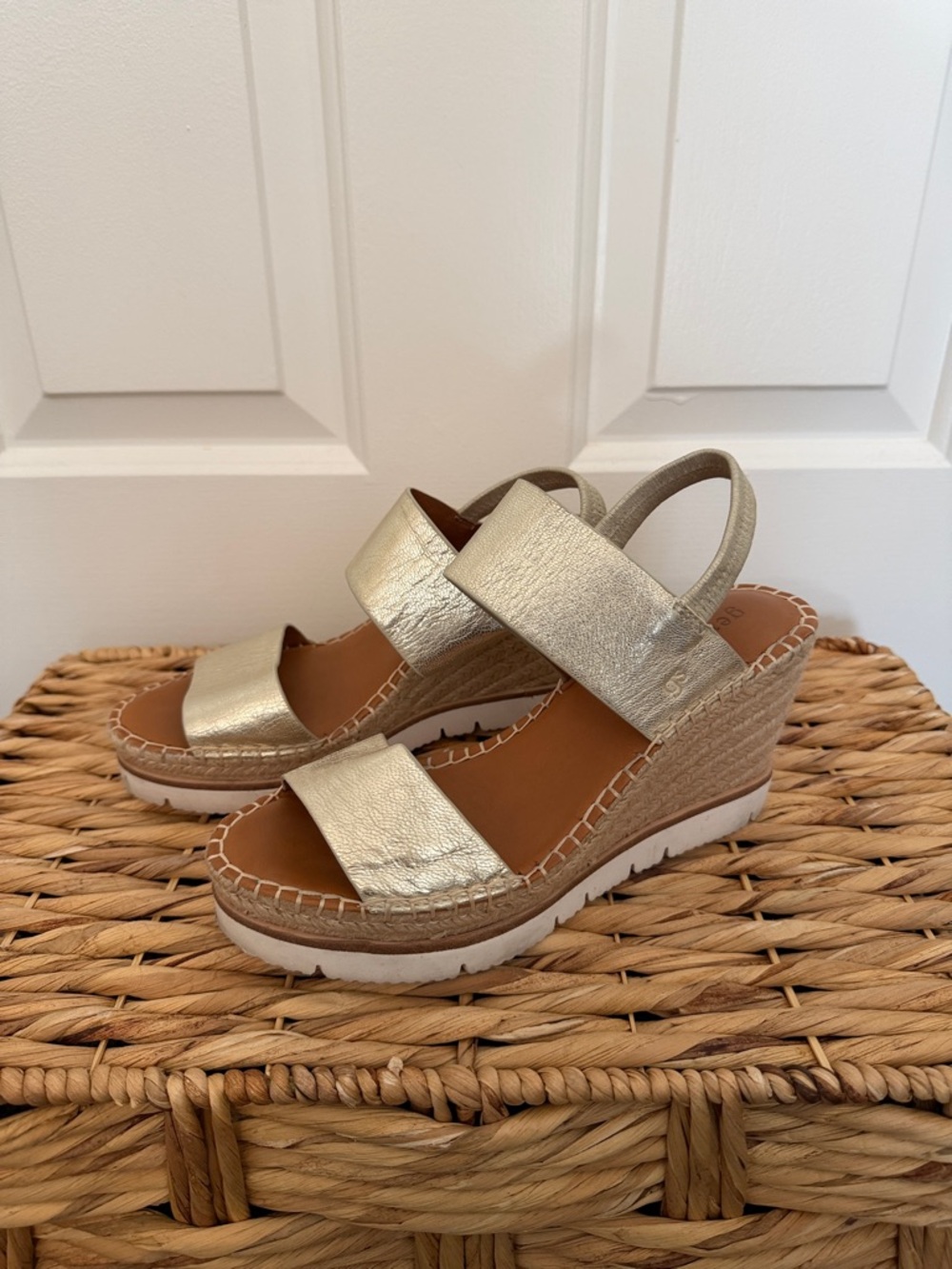 gentle souls Metallic Gold Leather Espadrille Wedge Sandals